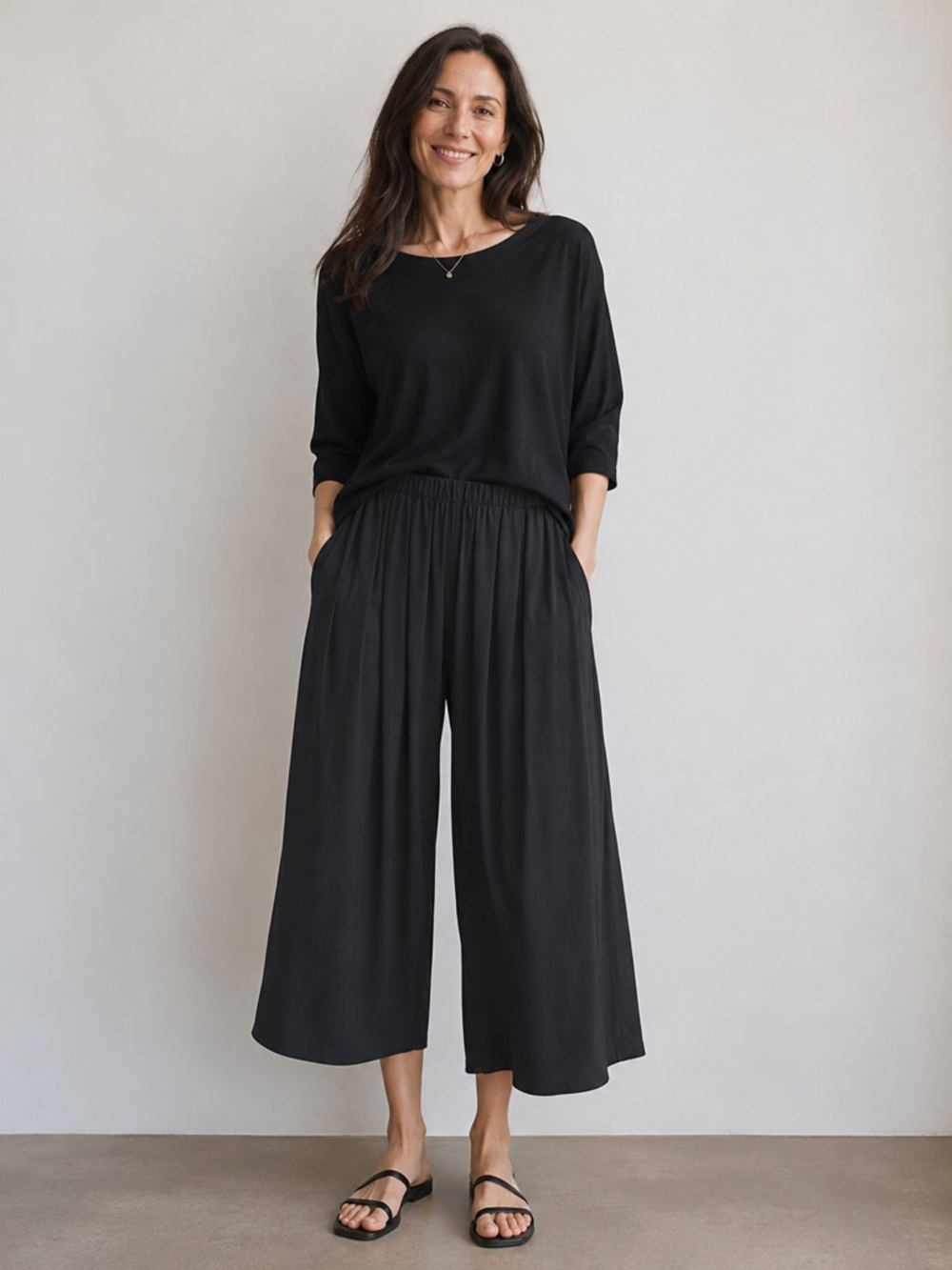 Eileen Fisher 100% silk Black Elastic Waist Wide-Leg Pants size XS